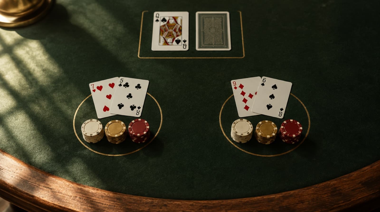 Blackjackbord med dealerens to kort øverst, det ene vendt om, og to spillerhænder med jetoner ved siden af