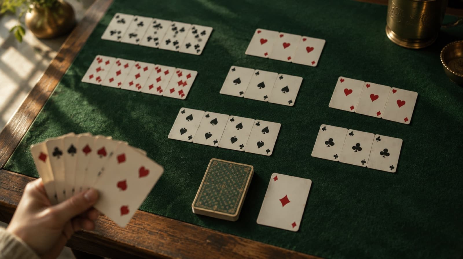 Gin rummy med lagte meldinger i rækker og sæt, og træk- samt kasserbunke ved siden af