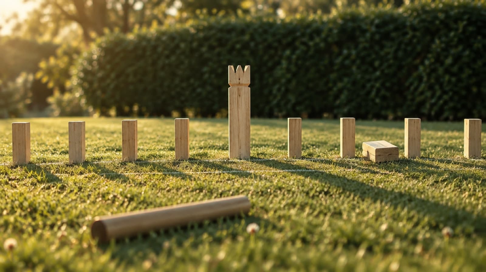 Kubb på en græsplæne med klodserne stillet på række og kongen med krone midt på banen