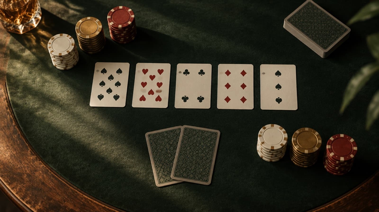 Pokerbord med fem fælleskort på række, to skjulte hulkort og stakke af jetoner